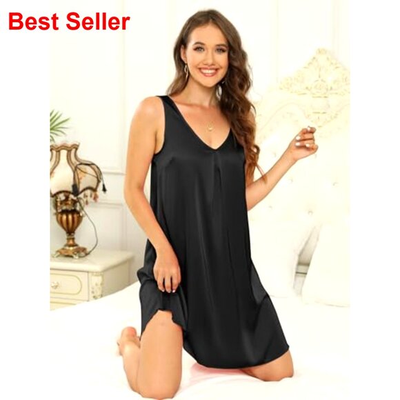Satin V-Neck Nightgown, Sleeveless, Above Knee, Soft Polyester Blend - Picture 3 of 7